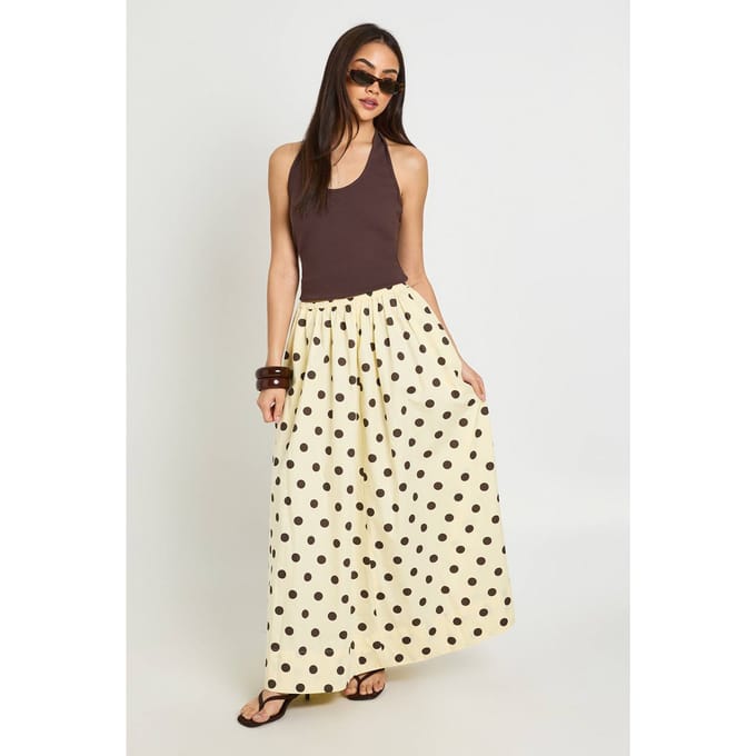 boohoo Dames Lange Polkadot Poplin Volume Maxi Rok | Citroen | Maat: 36