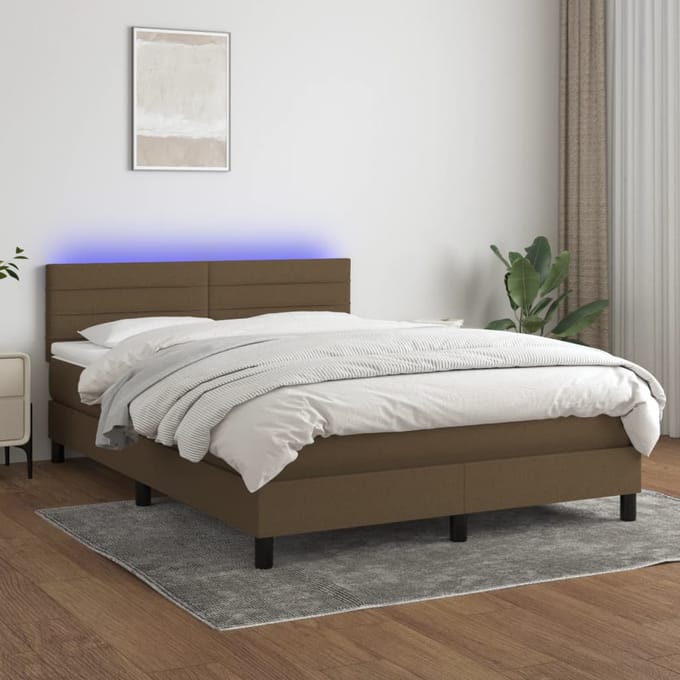 vidaXL - Boxspring - met - matras - en - LED - stof - donkerbruin - 140x200 - cm