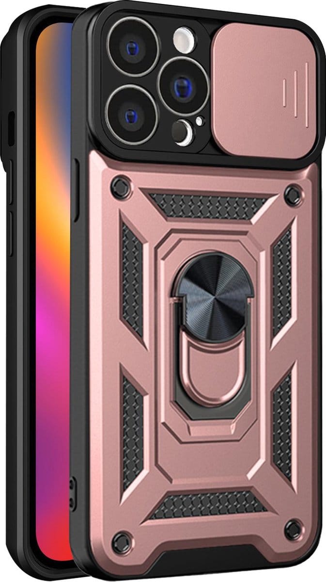 Hoesje geschikt voor iPhone 15 Pro Max met Ringhouder en Camera schuifje - Arara backcover - Rosegoud