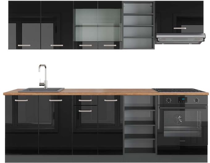 Vicco R-Line Complete keukeneenheid – 240 cm, WB Eik Hoogglans zwart/antraciet
