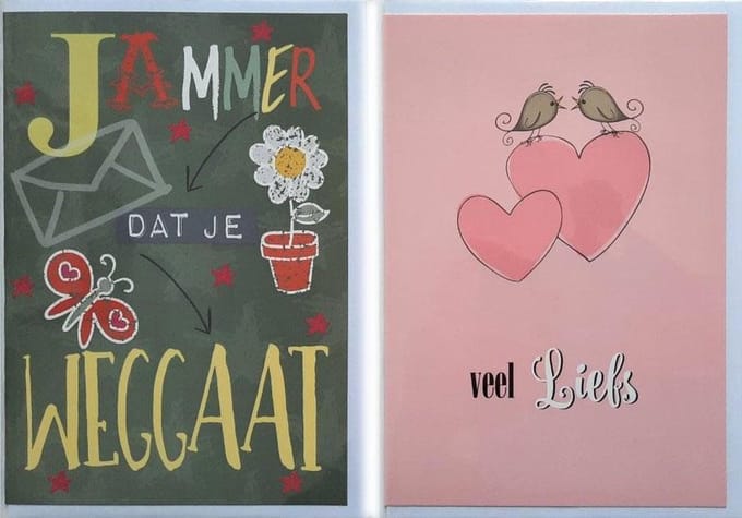 2 Wenskaarten - Jammer dat je weggaat + Veel Liefs – 12 x 17 cm