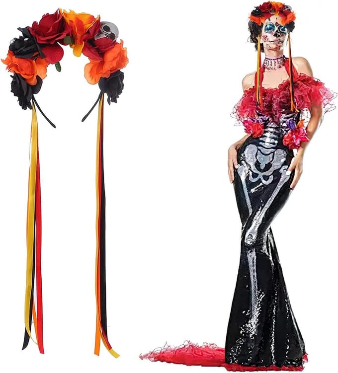 Bloemen Hoofdband - Dag van de Dode - Feestelijk Accessoire - Met Lintjes - 75 gram - Rood