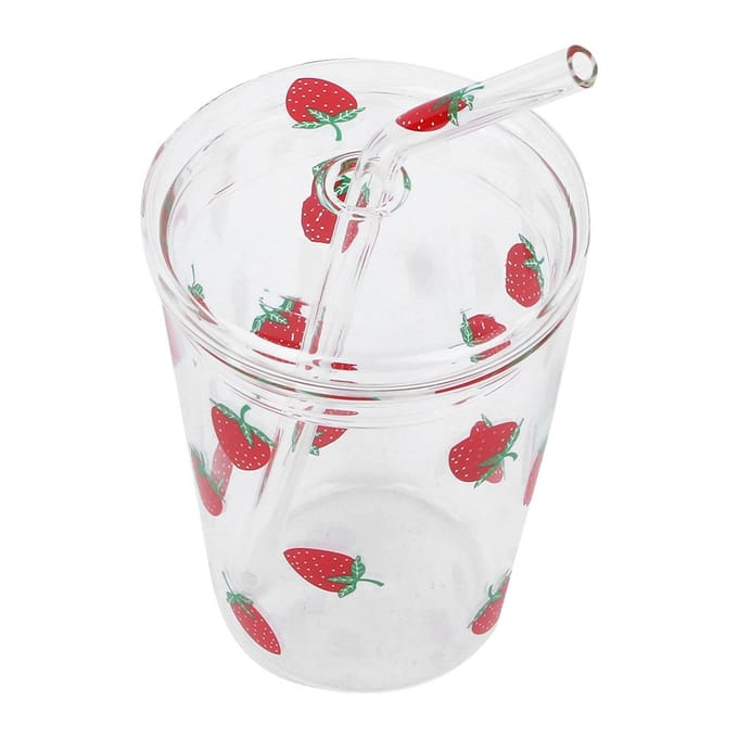 Heat resisting Clear Strawberry Pattern Coffee Juice Drinking Water Glass Cup with Straw Lid white