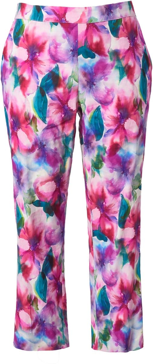 Ulla Popken - Dames - Broek Ruby bloemen linnenmix rechte pijpen - Sneeuwwit - Maat 42