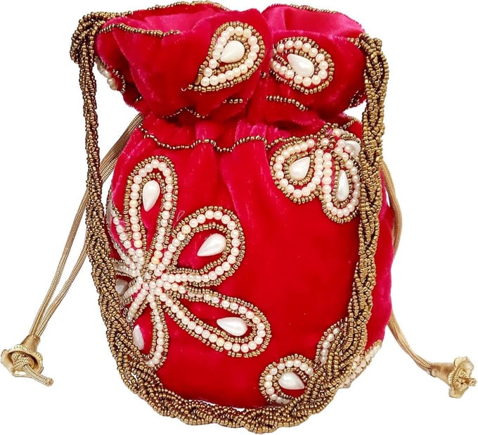 Purpledip Potli bag (clutch, drawstring purse) for women with intricate gold thread and sequin embroidery work