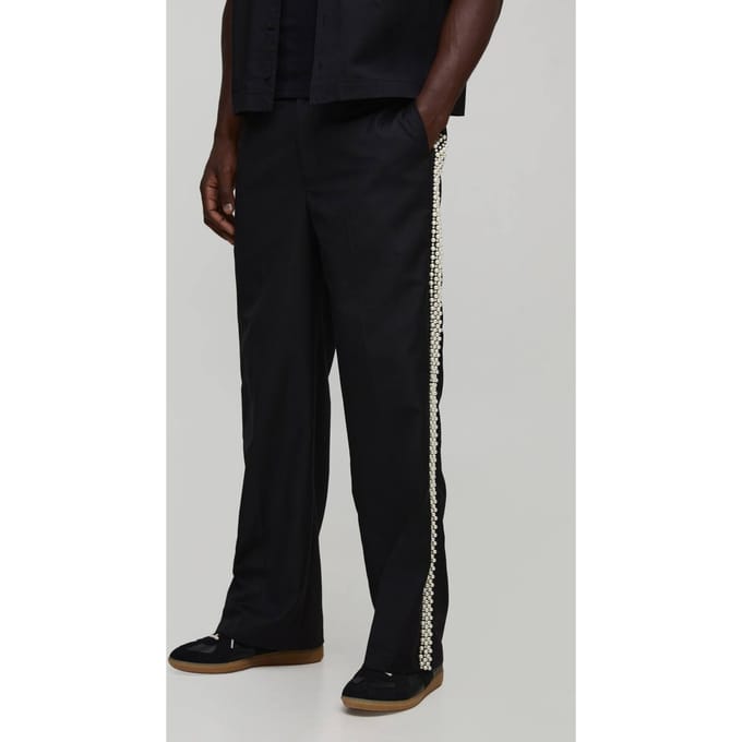 Broek met parelversiering, half- en half taille, geplooide voorkant en wijde pijpen | Black | Size Medium