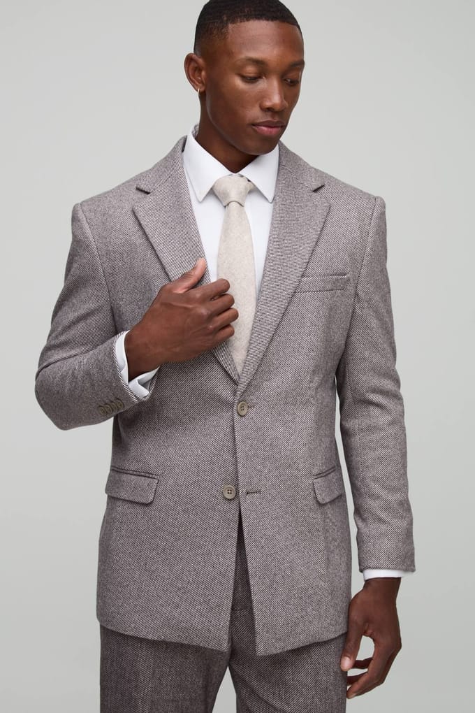 Straight Fit Herringbone Suit Jacket | Brown | Size 48