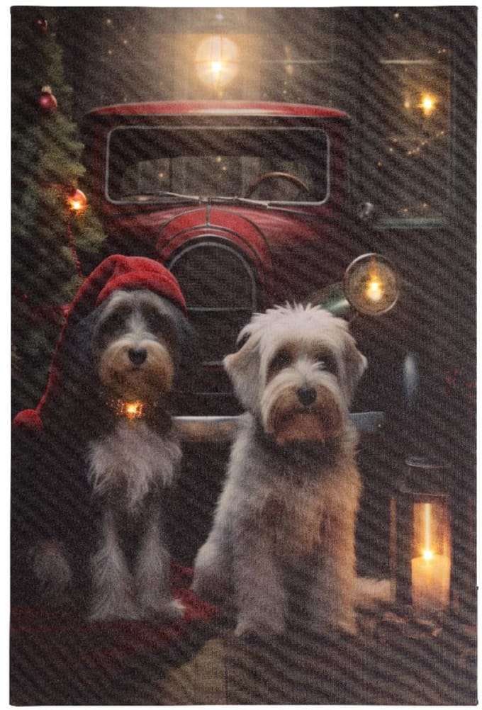 Kerst canvas honden LED 38x58cm