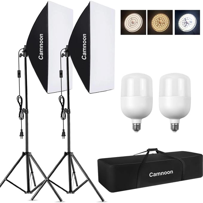 CAMNOON Studiofotografie Lichtset Softbox Verlichtingsset met 105W LED-licht * 2 + 50x70cm Softbox US Plug