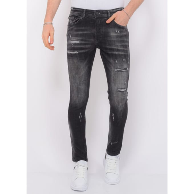 Stonewashed Ripped Mannen Jeans - Slim Fit -1085- Zwart