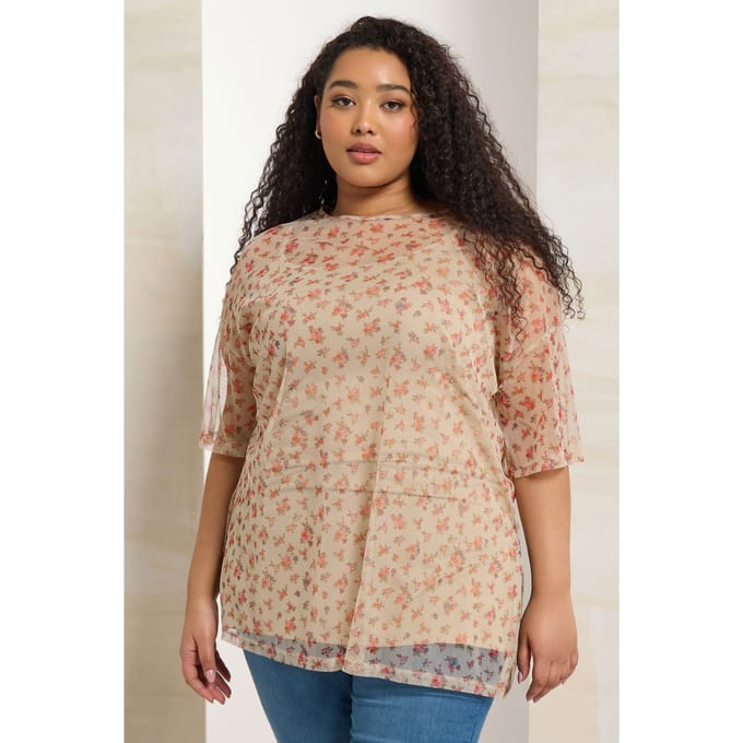 Yours Natuurlijke Bruine Ditsy Bloemen Oversized Mesh Top Size 48