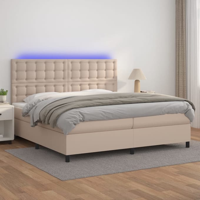 vidaXL - Boxspring - met - matras - en - LED - kunstleer - cappuccinokleur - 200x200cm