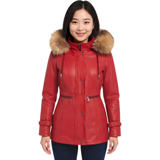 Dames rode leren parka met capuchon - Putian