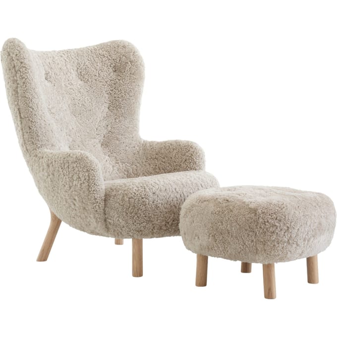 &Tradition Petra fauteuil VB3 & ATD1 poef - sheepskin moonlight - oiled oak