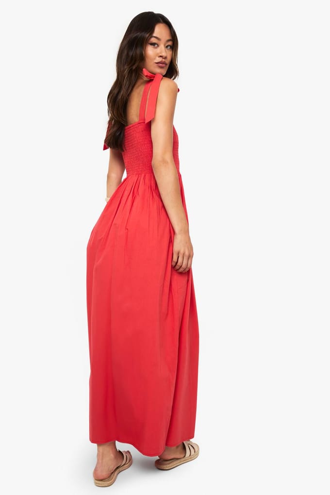 boohoo Dames Lange strikband gerimpelde popeline maxi-jurk | Rood | Maat: 46