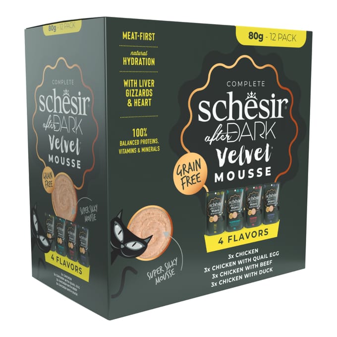 12x 80g Schesir After Dark Velvet Mousse mix pack (4 soorten) nat kattenvoer