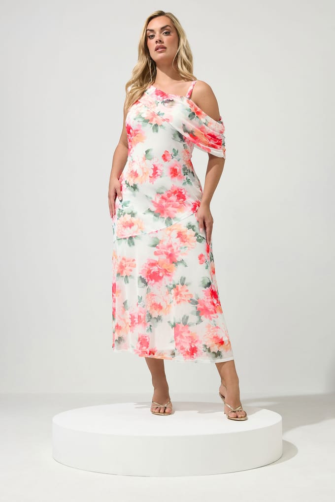 Yours London Witte Jurk Met Bloemenprint En Gedrapeerde Schouders Size 52