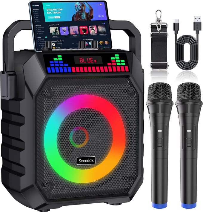 Draagbare Karaoke Machine met 2 Draadloze Microfoons en RGB-Verlichting