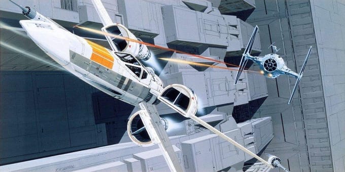 Fotobehang - Star Wars Classic RMQ X-Wing vs TIE-Fighter 500x250cm - Vliesbehang