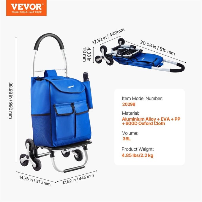 Traplift Winkelwagen Opvouwbare Boodschappentrolley 36L met 6 Wielen Opbergtas