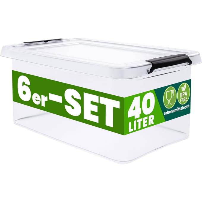 Deuba Opbergox - Set van 6 Stapelbaar 58x39x17cm 40L – Transparant