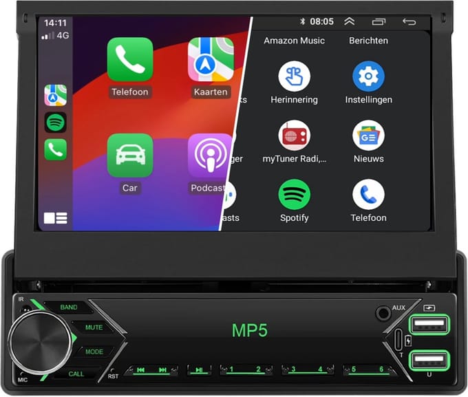 Universeel 1 DIN | Klapscherm 7 inch | Draadloos CarPlay & Android Auto | Autoradio