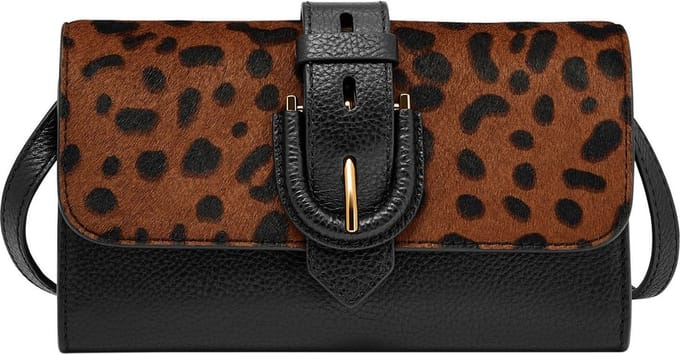 FOSSIL Portemonnee Schoudertas Harwell Wallet Crossbody Leopard Lichtbruin