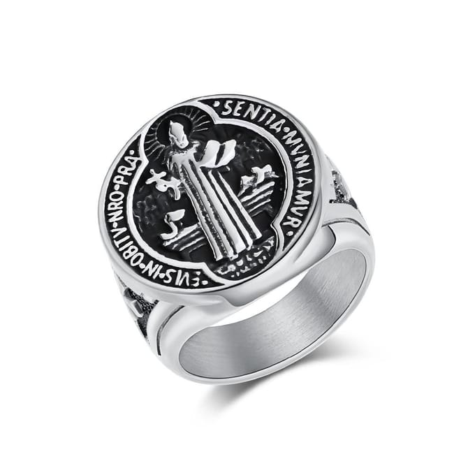 Europese en Amerikaanse Retro Sint Benedictus Exorcist Merk Titanium Staal Herenring 9#