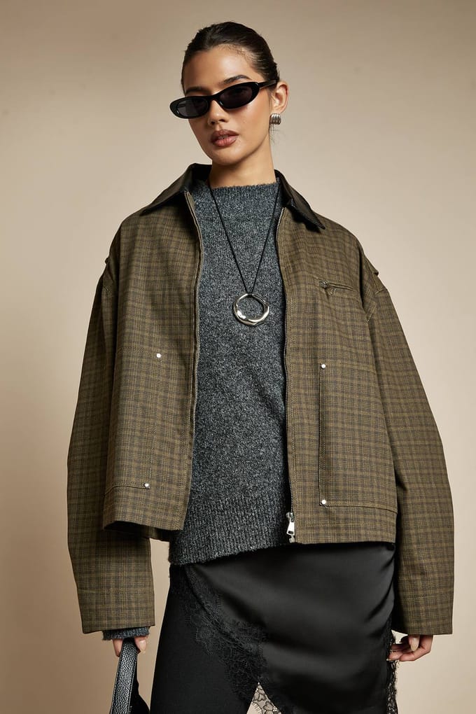 boohoo Dames Geruite Zip Jacket met Contrasterende Kraag | Chocolate | Maat: 14