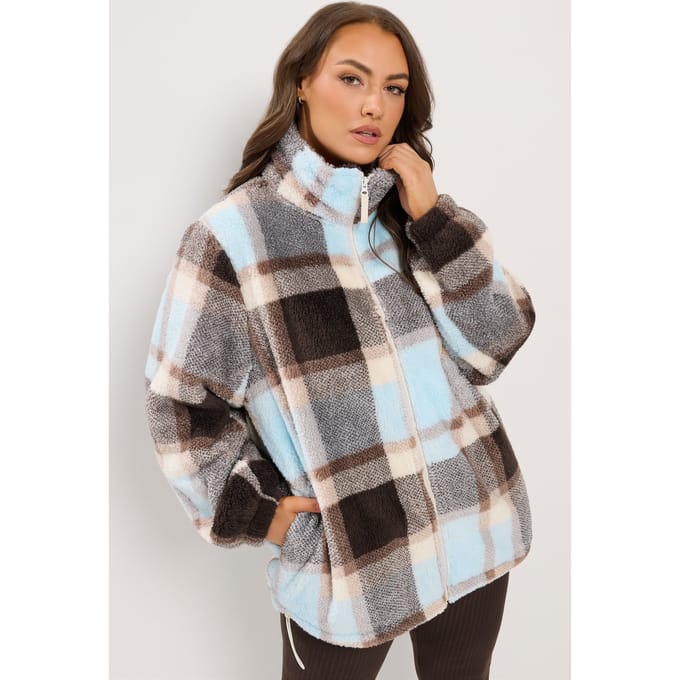 Yours Bruine Geruite Fleece Met Ritssluiting Size 48