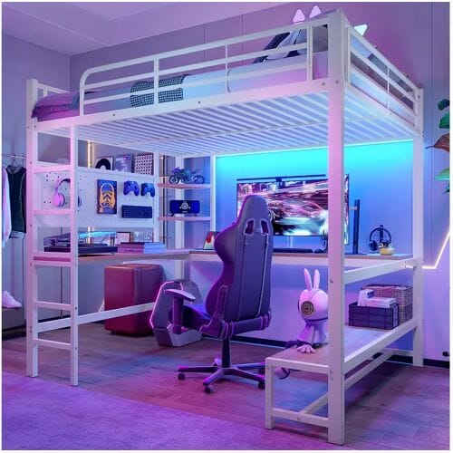 Merax Kinderhoogslaper - 140 x 200 cm - ijzeren frame - met bureau + LED's + USB + Type-C - metaal + MDF - wit