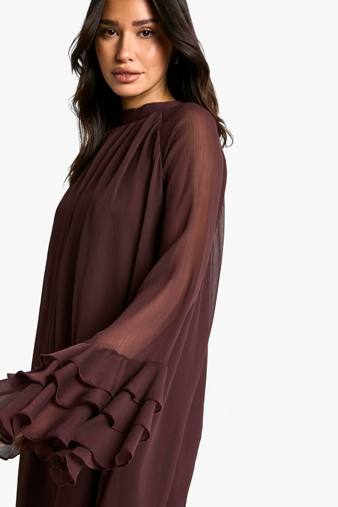 boohoo Dames Tall High Neck Volume Sleeve Chiffon Smock Dress | Pruim | Maat: 38