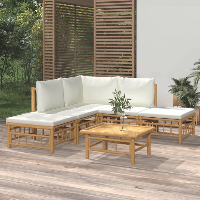 vidaXL - 6-delige - Loungeset - met - kussens - bamboe - crèmewit