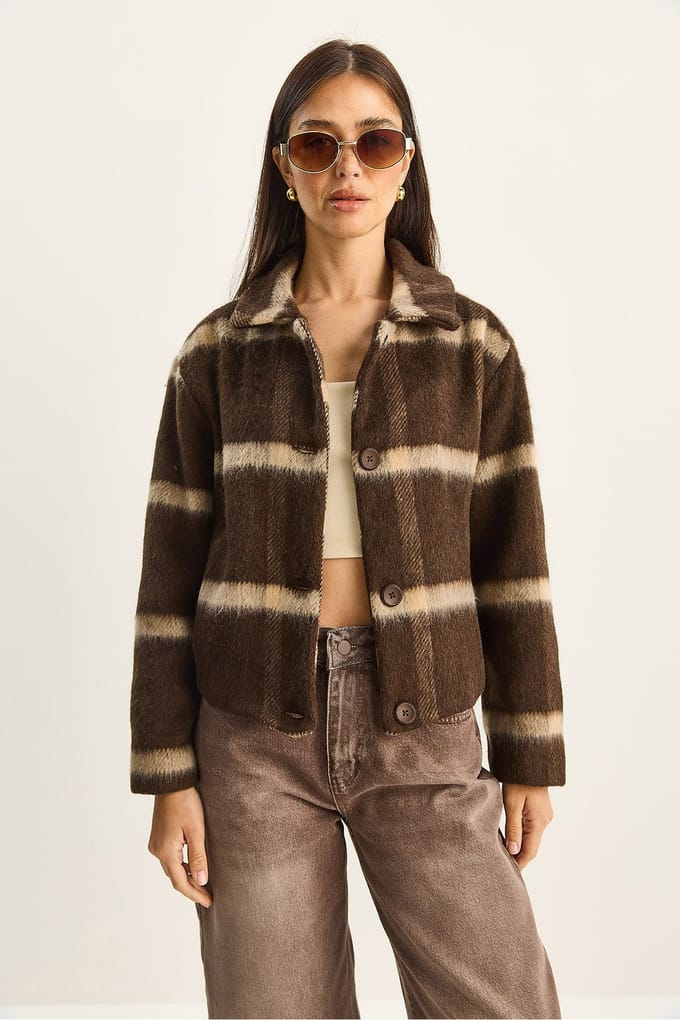 Gestreepte Textured Knopsluiting Cropped Jas
