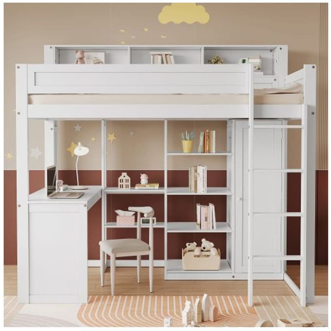 Stapelbed - MUVOE - 90x200cm - Wit - Met tafel en kast - Veilig met hekjes wit