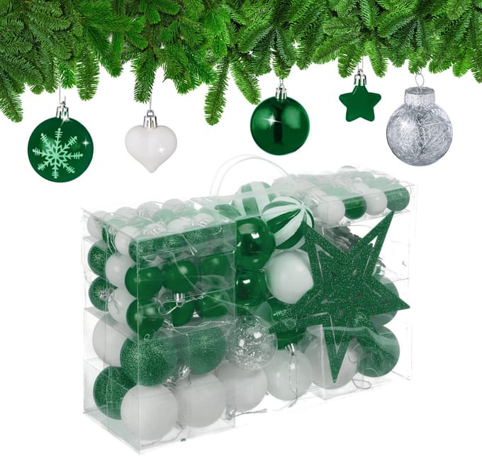 kerstballen - set van 101 - plastic - onbreekbaar - kerstpiek ster - donkergroen/wit