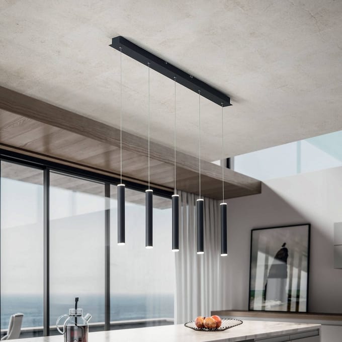 Fabas Luce Hanglamp Prado, zwart, 5-lamps, lineair, dimbaar