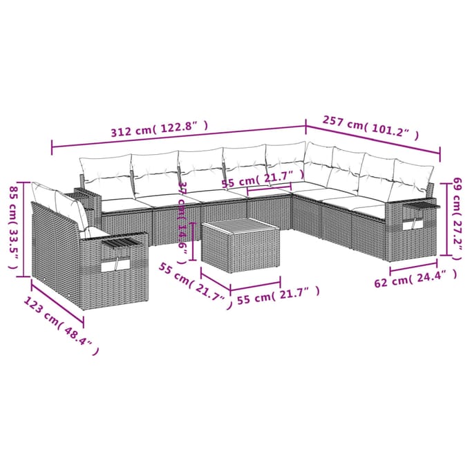 vidaXL - 11-delige - Loungeset - met - kussens - poly - rattan - gemengd - beige