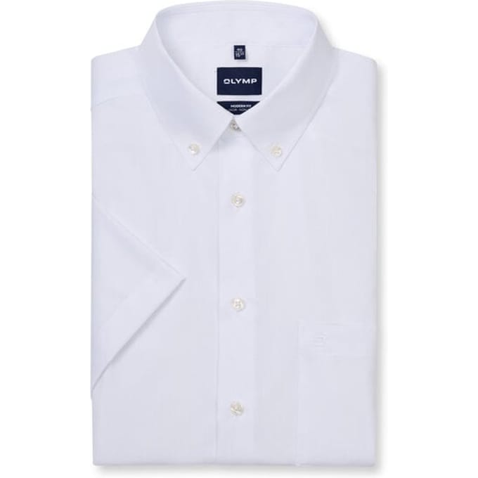 OLYMP Luxor modern fit overhemd - korte mouw - wit met button-down kraag - Strijkvrij - Boordmaat: 39
