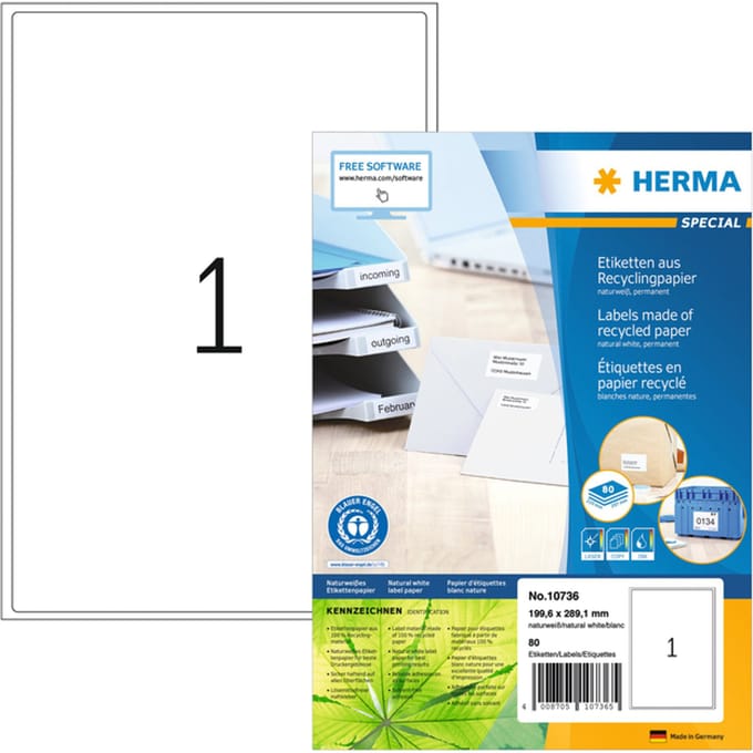 10736 - White - Self-adhesive printer label - Die-cut label - Paper - Laser/Inkjet - Permanent