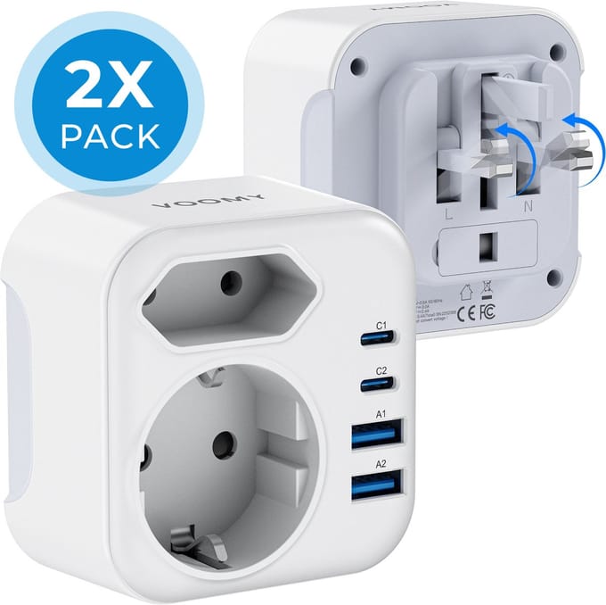 Voomy Reisstekker Engeland/UK 2x Pack - Met 2 Stopcontacten & 4 USB - Wereldstekker Type G - USB-C & USB-A - Wit