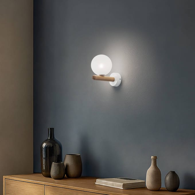 TK Lighting Wandlamp Estera, wit/houtkleur, glas, G9