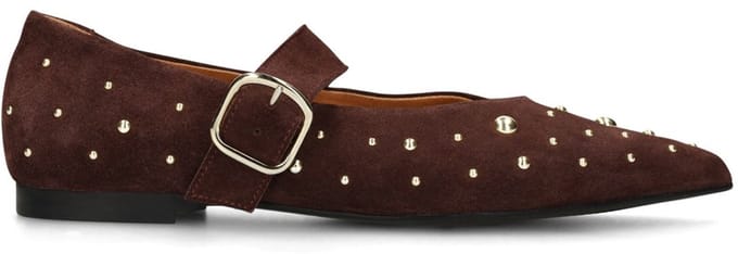 Manfield - Dames - Bordeaux rode suède loafers met goudkleurige studs - Maat 36