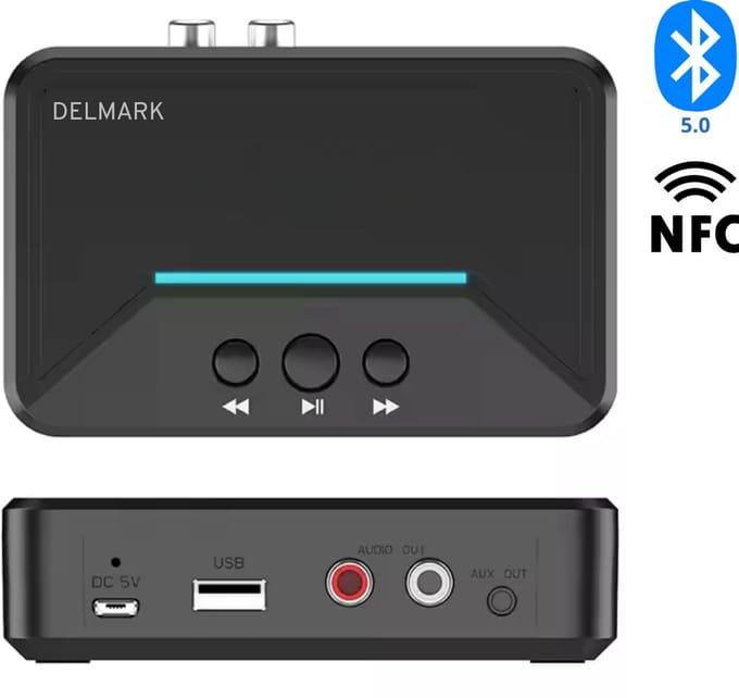 Delmark Bluetooth Ontvanger - BT 5.0 Receiver - 3.5mm AUX jack en RCA uitgang - HiFi Stereo Adapter - Bluetooth naar Aux - Bluetooth naar RCA