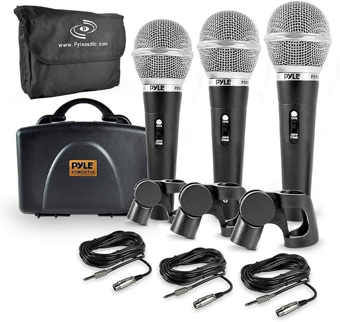 Pyle Mocrofoon – Dynamische Microfoonset (3-delig) - Handmicrofoon – Met Hardcase & Opbergtas – Inclusief Microfoonclip en 8 m XLR-naar-6,35 mm Kabel – Zwart
