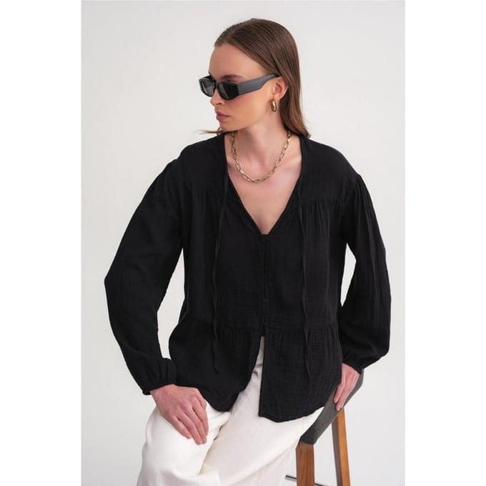 Lange Mouwen Losse Blouse met Strikhals