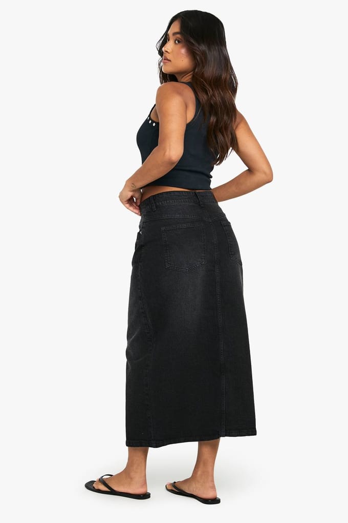 boohoo Dames Petite Denim Midaxi Rok | Washed Black | Maat: 34