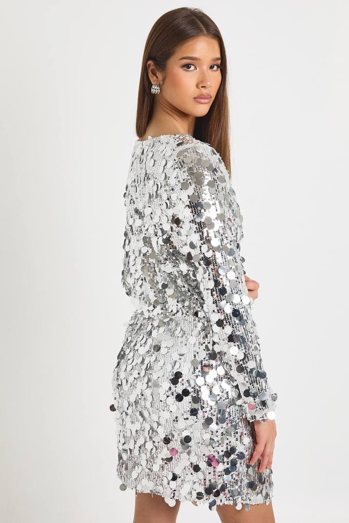 boohoo Dames Disc Sequin Blouson Shift Jurk | Silver | Maat: 12