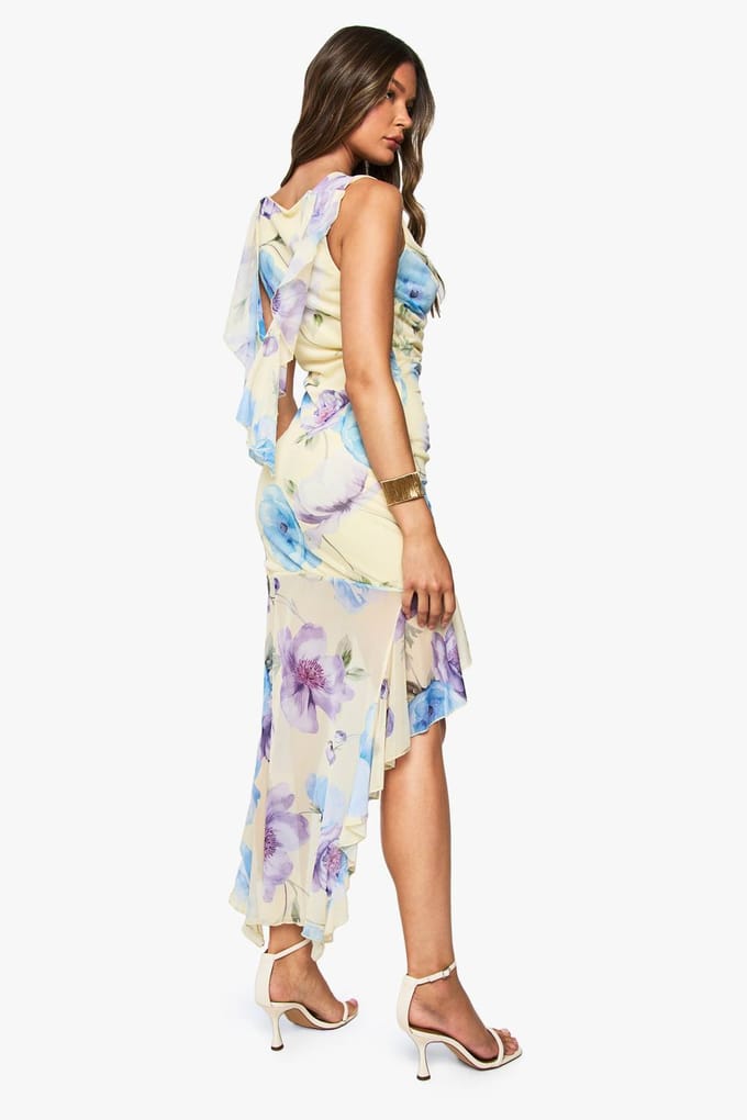 boohoo Dames Bloemen Mesh Gerimpelde Maxi Jurk | Lemon | Maat: 8