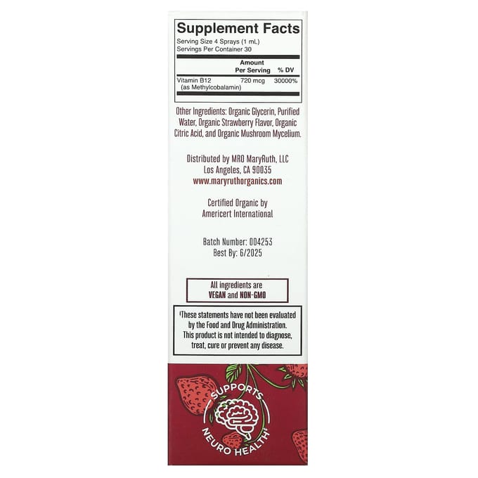 MaryRuth's, Spray Liquide Méthyl B12 Biologique, Force Extra, Fraise, 1 fl oz (30 ml)